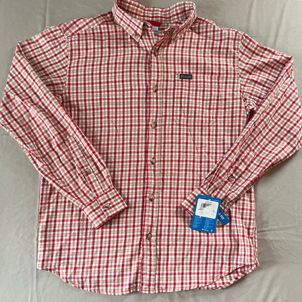 Columbia Red and White Plaid Men's Botton Down Long Sleeve